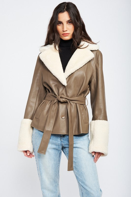 Whole Lotta Love Belted Faux Shearing Trimmed Jacket