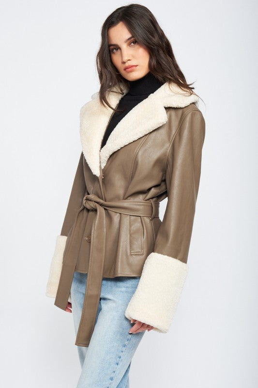 Whole Lotta Love Belted Faux Shearing Trimmed Jacket