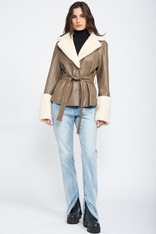 Whole Lotta Love Belted Faux Shearing Trimmed Jacket