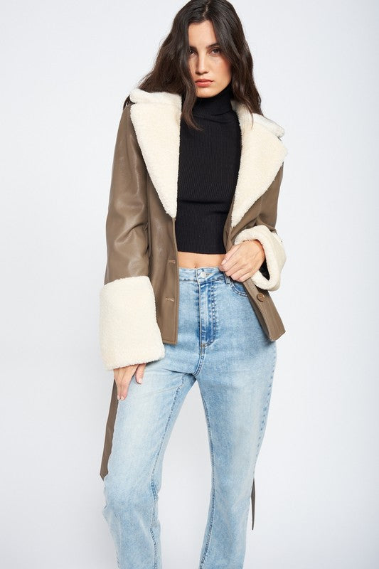 Whole Lotta Love Belted Faux Shearing Trimmed Jacket