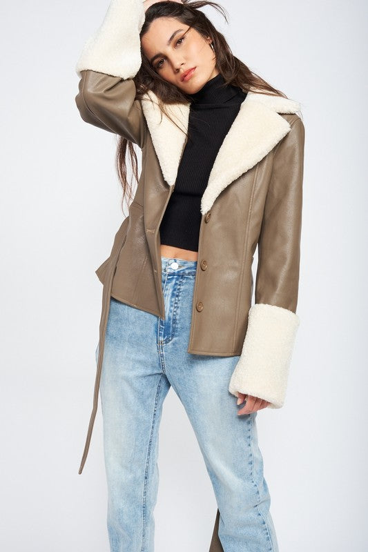 Whole Lotta Love Belted Faux Shearing Trimmed Jacket