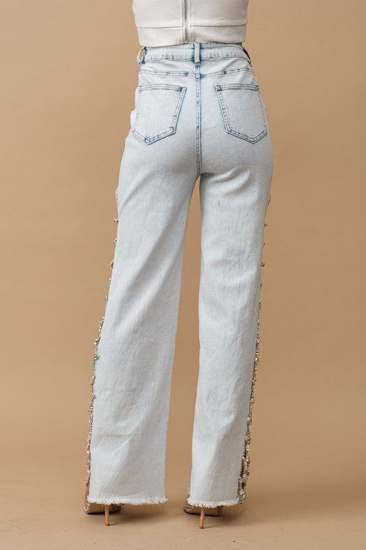 Cut Out At Side w/ Jewel Trim Stretch Denim Jeans