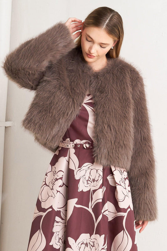 Mocha Static Cropped Faux-Fur Jacket