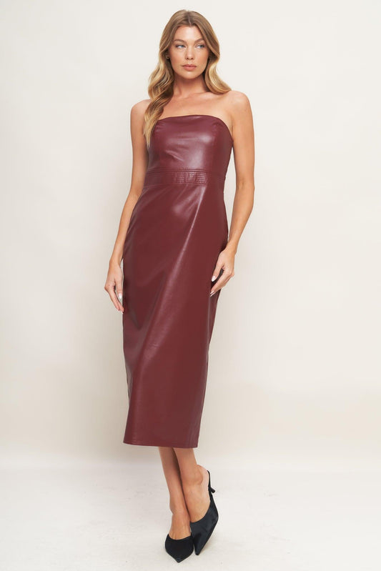 Burgundy After Dark Faux-Leather Midi Dress