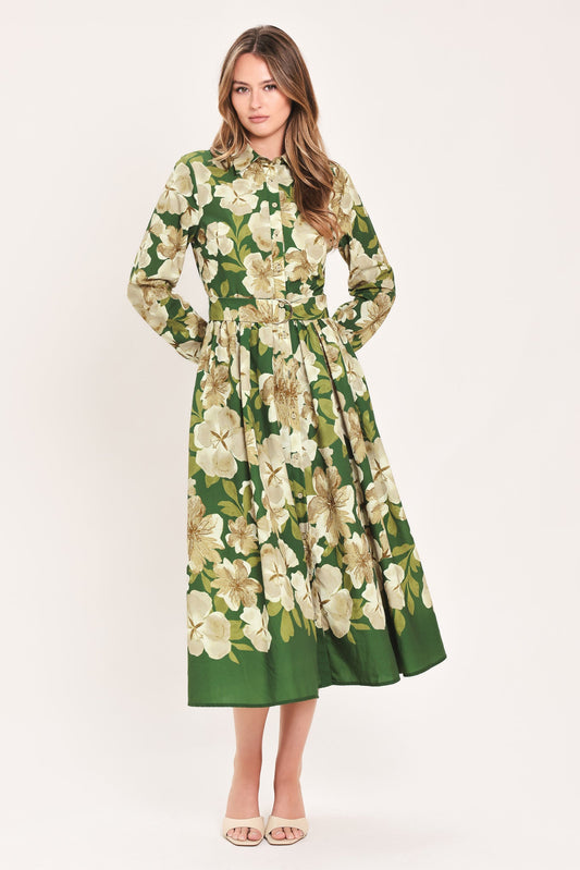 Evergreen Camellia Belted Shirt Dress