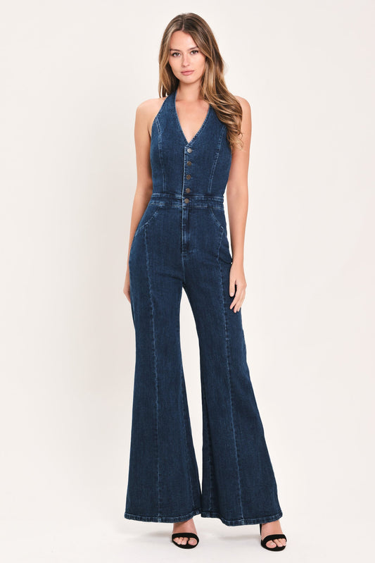 Westbound Halter Denim Jumpsuit